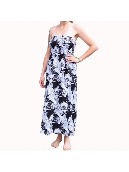Robe bustier froncé motifs flore et feuillage tropicale couleur noir et blanc