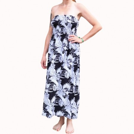 Robe bustier froncé motifs flore et feuillage tropicale couleur noir et blanc