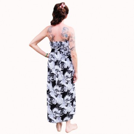 Robe bustier froncé motifs flore et feuillage tropicale couleur noir et blanc