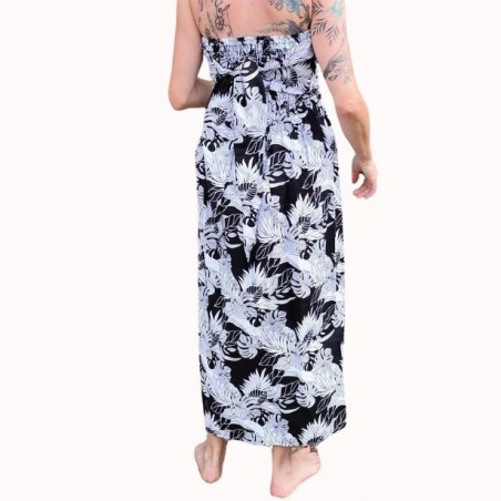 Robe bustier froncé motifs flore et feuillage tropicale couleur noir et blanc
