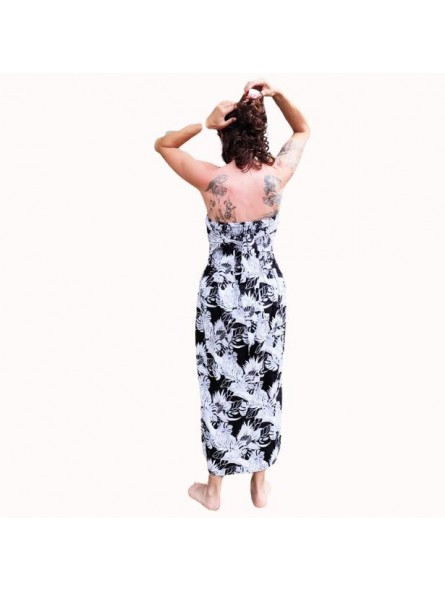 Robe bustier froncé motifs flore et feuillage tropicale couleur noir et blanc