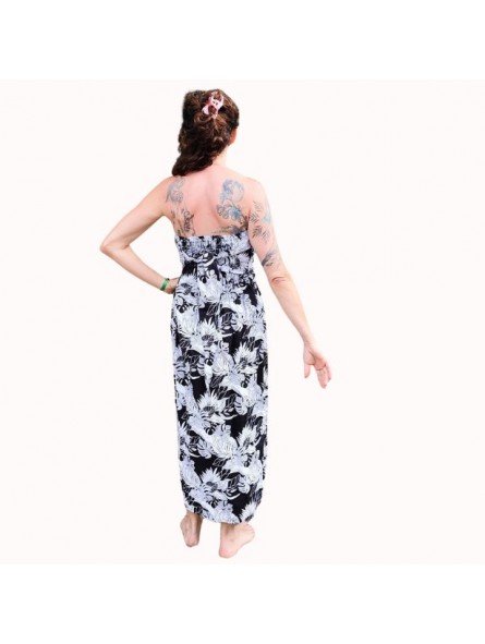 Robe bustier froncé motifs flore et feuillage tropicale couleur noir et blanc