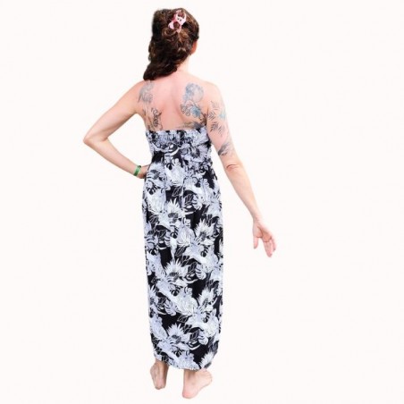 Robe bustier froncé motifs flore et feuillage tropicale couleur noir et blanc