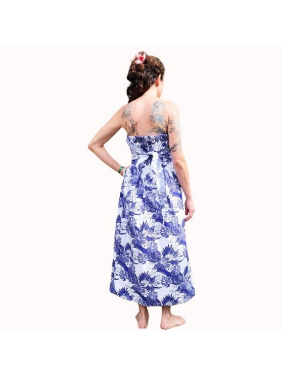 Robe bustier froncé motifs flore et feuillage tropicale couleur bleu et blanc