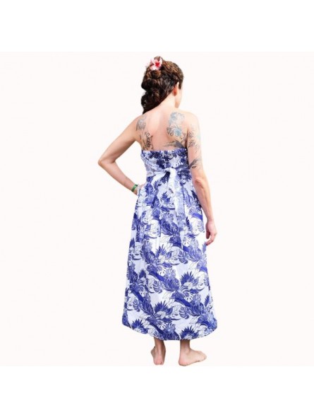 Robe bustier froncé motifs flore et feuillage tropicale couleur bleu et blanc