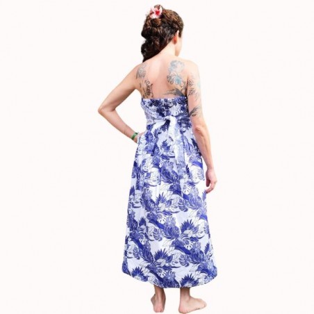 Robe bustier froncé motifs flore et feuillage tropicale couleur bleu et blanc