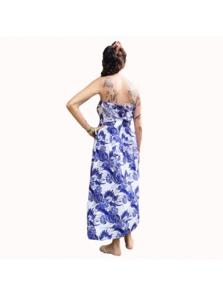 Robe bustier froncé motifs flore et feuillage tropicale couleur bleu et blanc