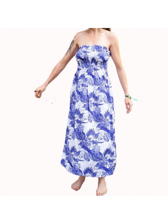Robe bustier froncé motifs flore et feuillage tropicale couleur bleu et blanc