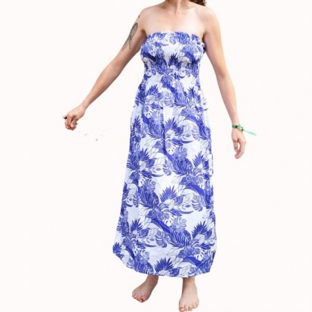 Robe bustier froncé motifs flore et feuillage tropicale couleur bleu et blanc