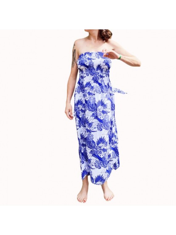 Robe bustier froncé motifs flore et feuillage tropicale couleur bleu et blanc
