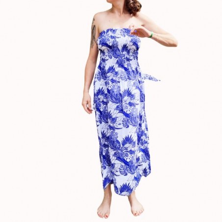 Robe bustier froncé motifs flore et feuillage tropicale couleur bleu et blanc