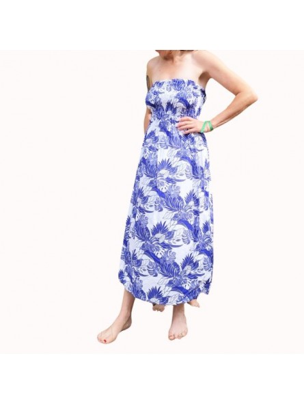 Robe bustier froncé motifs flore et feuillage tropicale couleur bleu et blanc