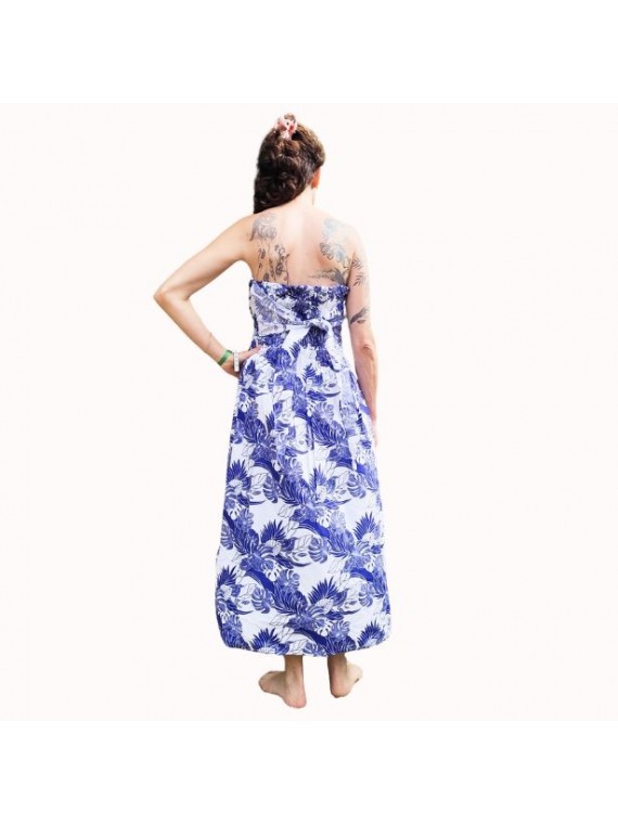 Robe bustier froncé motifs flore et feuillage tropicale couleur bleu et blanc
