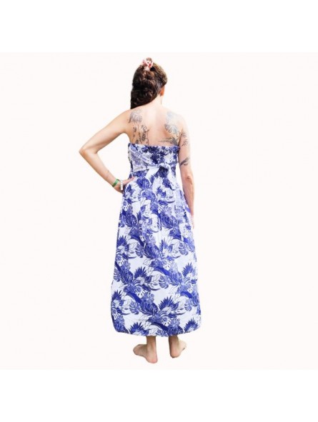 Robe bustier froncé motifs flore et feuillage tropicale couleur bleu et blanc