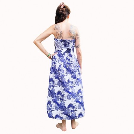 Robe bustier froncé motifs flore et feuillage tropicale couleur bleu et blanc