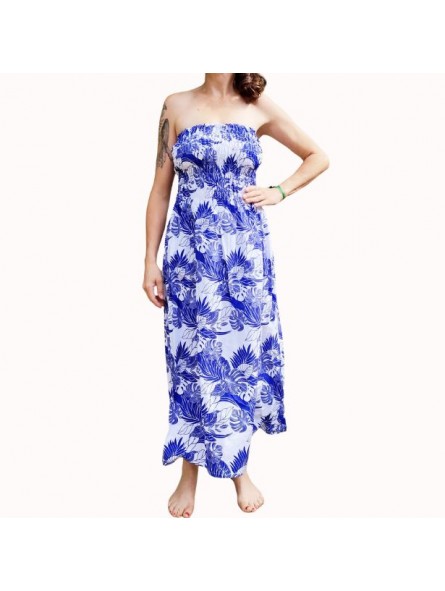 Robe bustier froncé motifs flore et feuillage tropicale couleur bleu et blanc