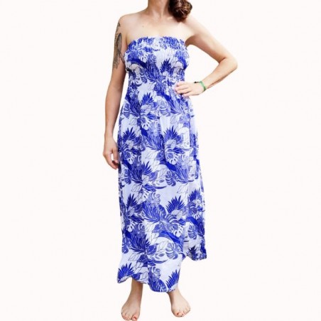 Robe bustier froncé motifs flore et feuillage tropicale couleur bleu et blanc