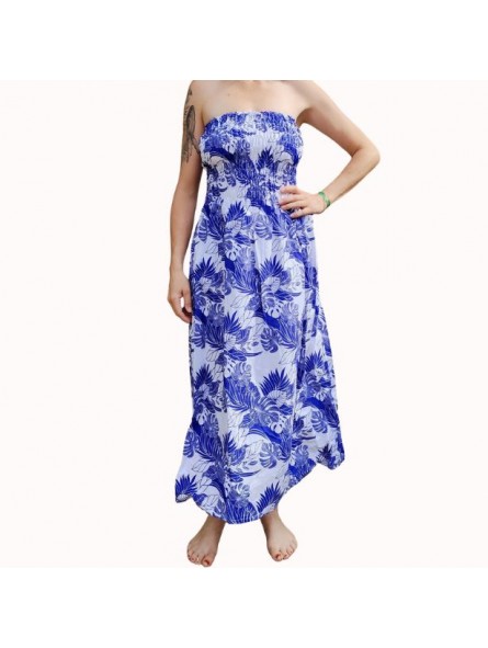 Robe bustier froncé motifs flore et feuillage tropicale couleur bleu et blanc