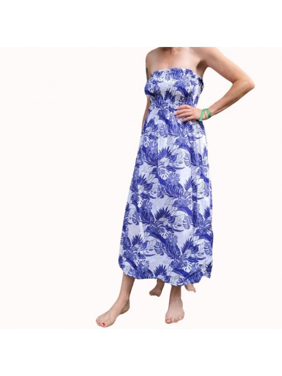 Robe bustier froncé motifs flore et feuillage tropicale couleur bleu et blanc