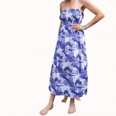Robe bustier froncé motifs flore et feuillage tropicale couleur bleu et blanc