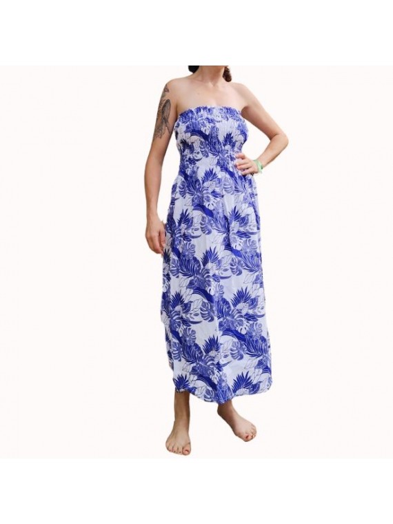 Robe bustier froncé motifs flore et feuillage tropicale couleur bleu et blanc