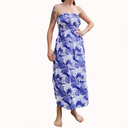 Robe bustier froncé motifs flore et feuillage tropicale couleur bleu et blanc