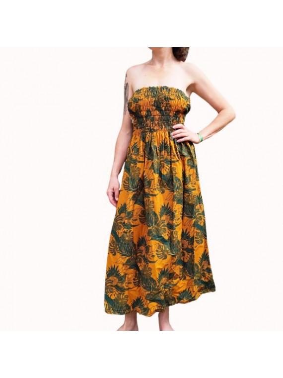 Robe bustier froncé motifs flore et feuillage tropicale couleur  moutarde vert canard