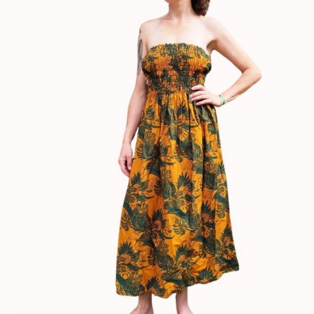 Robe bustier froncé motifs flore et feuillage tropicale couleur  moutarde vert canard