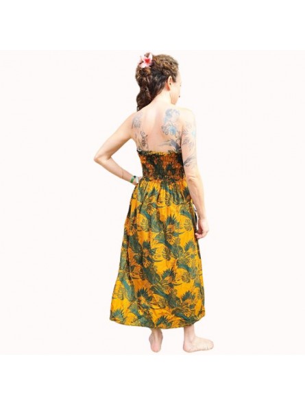 Robe bustier froncé motifs flore et feuillage tropicale couleur  moutarde vert canard