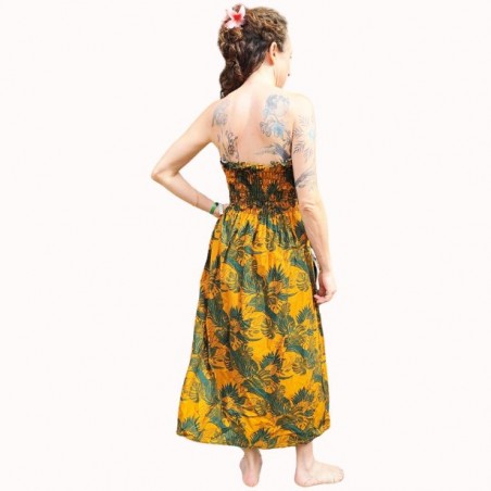 Robe bustier froncé motifs flore et feuillage tropicale couleur  moutarde vert canard