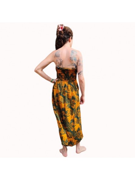 Robe bustier froncé motifs flore et feuillage tropicale couleur  moutarde vert canard