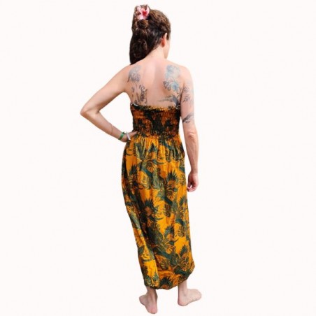 Robe bustier froncé motifs flore et feuillage tropicale couleur  moutarde vert canard