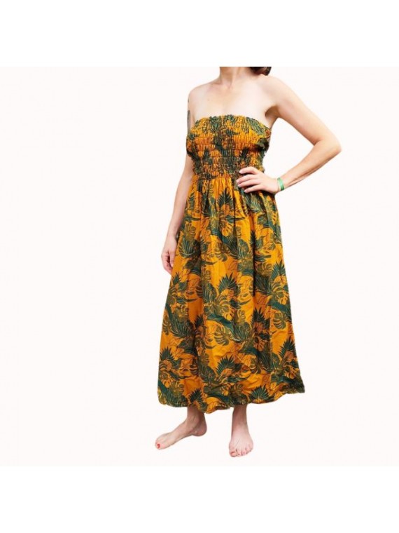 Robe bustier froncé motifs flore et feuillage tropicale couleur  moutarde vert canard