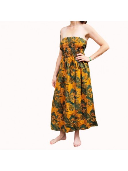 Robe bustier froncé motifs flore et feuillage tropicale couleur  moutarde vert canard