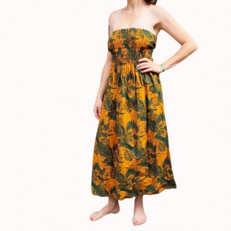 Robe bustier froncé motifs flore et feuillage tropicale couleur  moutarde vert canard