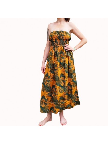 Robe bustier froncé motifs flore et feuillage tropicale couleur  moutarde vert canard