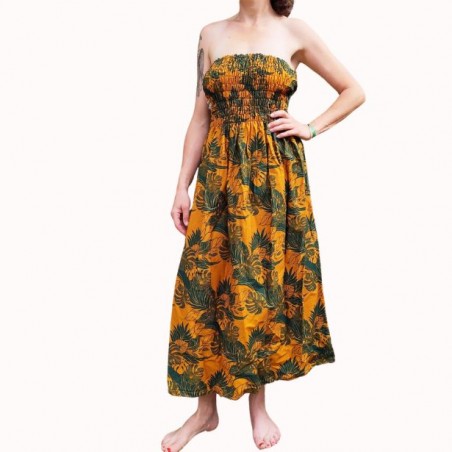 Robe bustier froncé motifs flore et feuillage tropicale couleur  moutarde vert canard