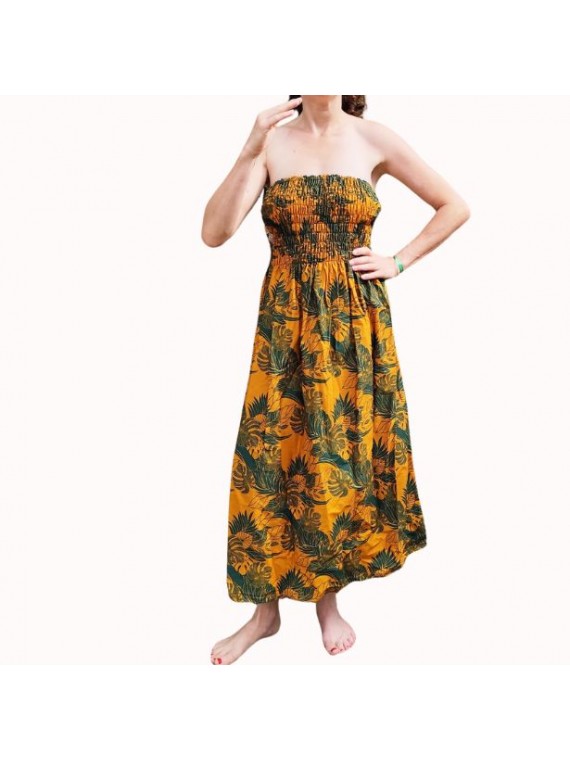 Robe bustier froncé motifs flore et feuillage tropicale couleur  moutarde vert canard