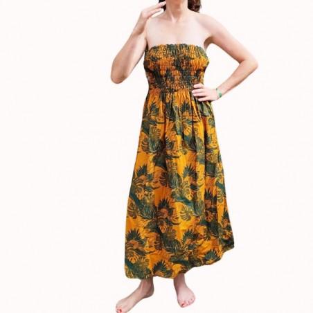 Robe bustier froncé motifs flore et feuillage tropicale couleur  moutarde vert canard