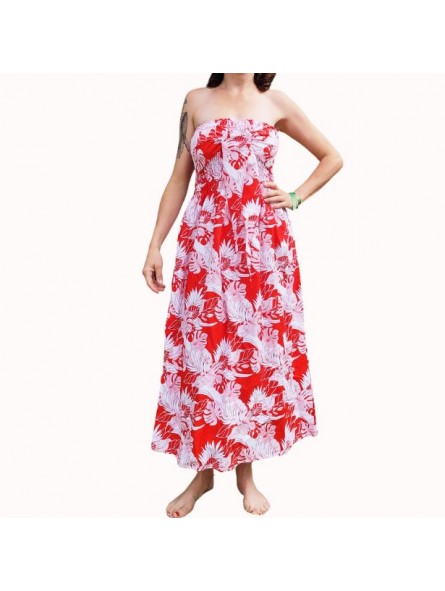 Robe bustier froncé motifs flore et feuillage tropicale couleur rouge