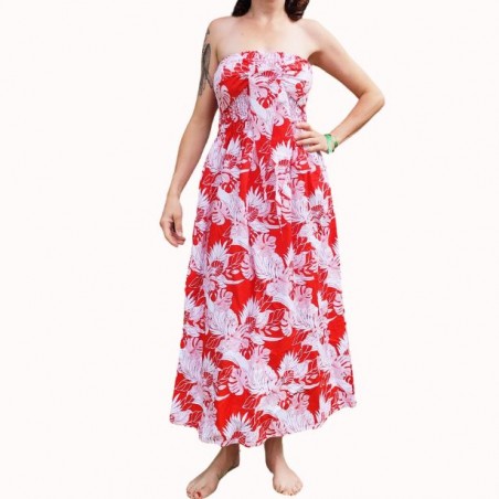 Robe bustier froncé motifs flore et feuillage tropicale couleur rouge