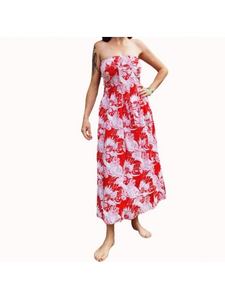 Robe bustier froncé motifs flore et feuillage tropicale couleur rouge