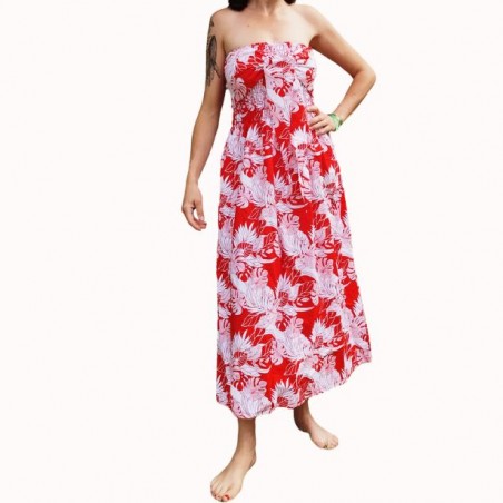 Robe bustier froncé motifs flore et feuillage tropicale couleur rouge