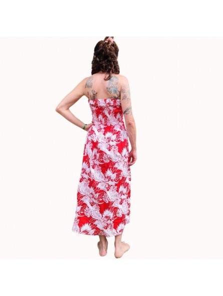 Robe bustier froncé motifs flore et feuillage tropicale couleur rouge