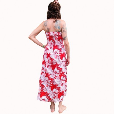 Robe bustier froncé motifs flore et feuillage tropicale couleur rouge
