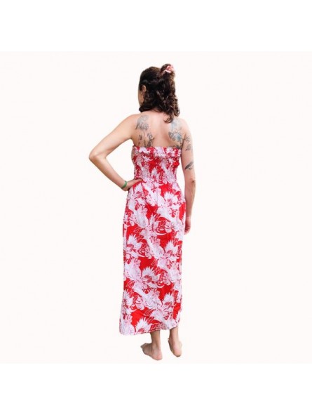 Robe bustier froncé motifs flore et feuillage tropicale couleur rouge