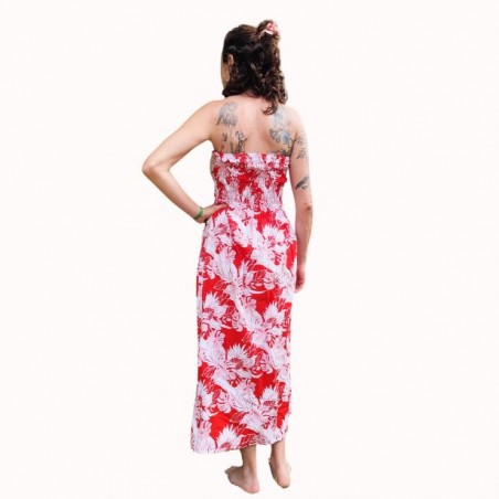 Robe bustier froncé motifs flore et feuillage tropicale couleur rouge