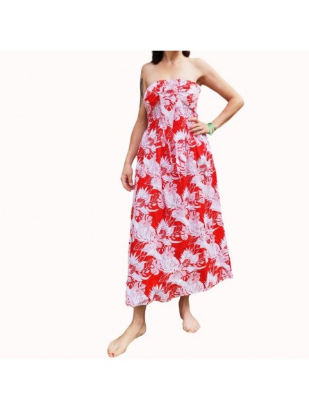Robe bustier froncé motifs flore et feuillage tropicale couleur rouge