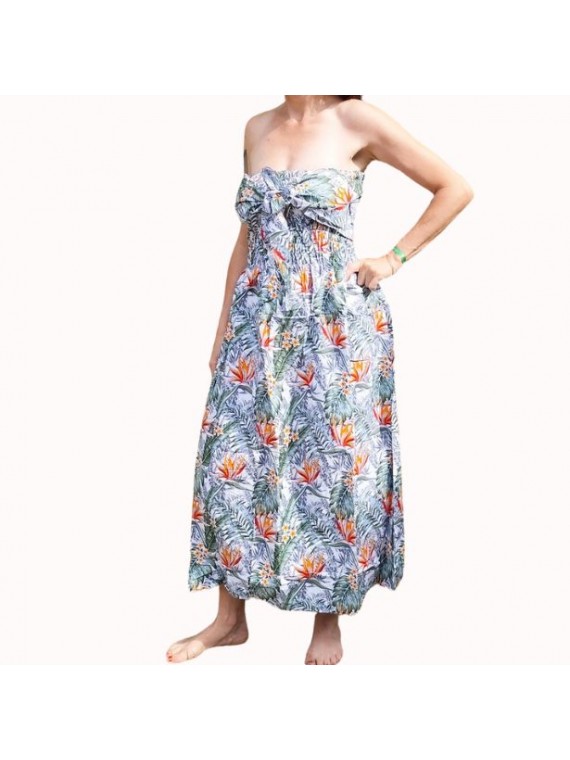 Robe bustier froncé couleur blanche motifs  fleurs oiseaux du paradis