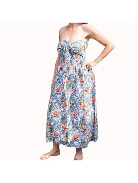 Robe bustier froncé couleur blanche motifs  fleurs oiseaux du paradis